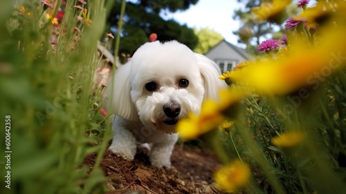 Cute and Curious: Bichon Frise in a Garden