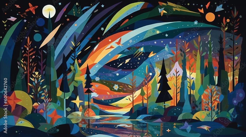  a painting of a colorful forest with trees and stars in the sky.  generative ai