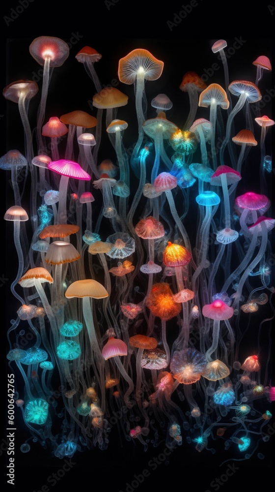  a group of jellyfish floating in the ocean at night.  generative ai