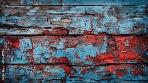  a blue and red wall with peeling paint and peeling paint. generative ai
