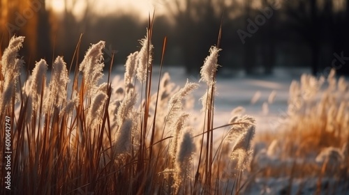  a bunch of tall grass that are in the snow with some trees in the background. generative ai