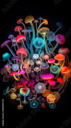  a bunch of different colored mushrooms on a black background with a black background. generative ai