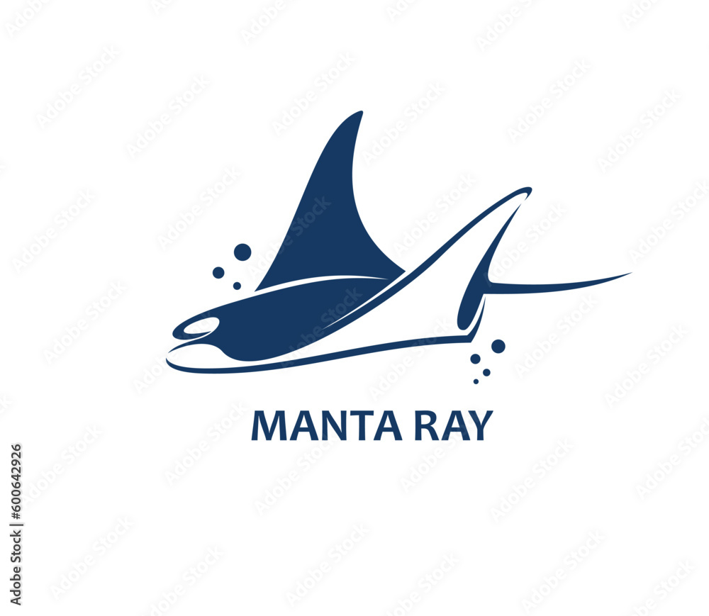 Manta ray animal emblem. Sea underwater wildlife, ocean fish or seabed creature vector emblem. Business company, oceanarium or water zoo symbol or icon with mantaray, sting ray or skate animal