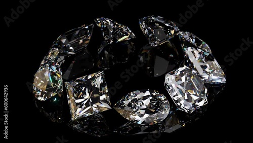 Ten diamonds of various shapes rotating on black glossy background. Seamless loop 3d animation photo