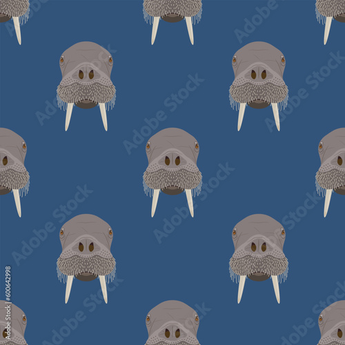 Seamless animal pattern with walrus heads. Odobenus rosmarus. Cartoon style. On blue background.
