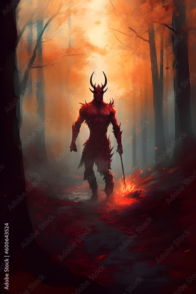 horned blood red hell demon soldier hold fire stick devils army warrior in forest full body digital brush painting portrait created with Generative AI technology