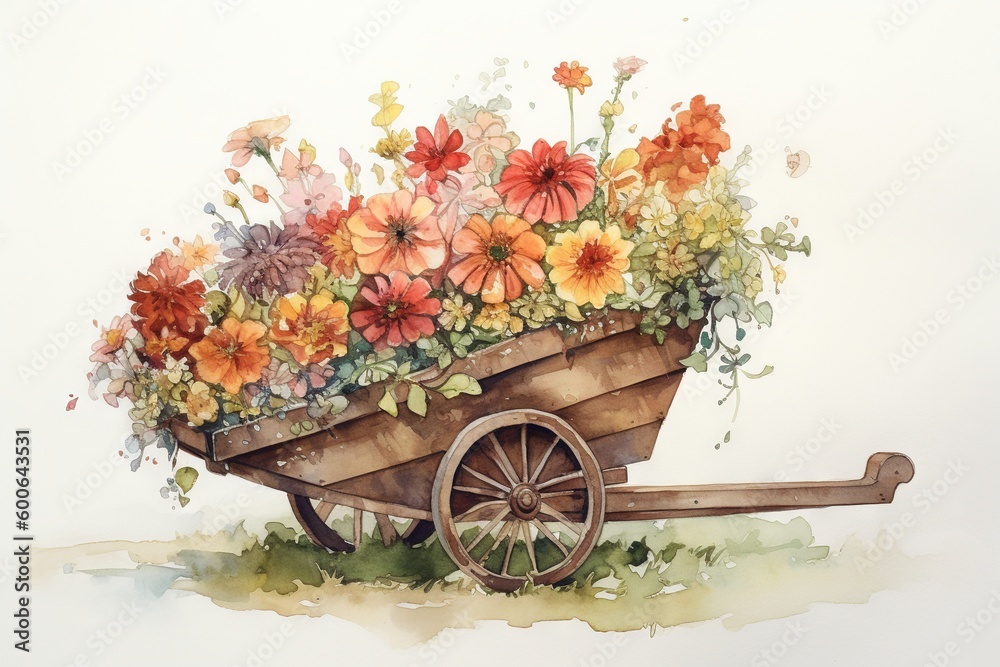  a painting of a wheelbarrow with flowers in it.  generative ai