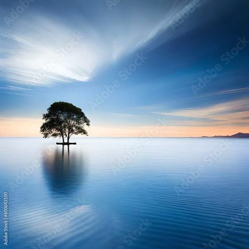 A lonely tree in the ocean with a little island in the background. © Robin
