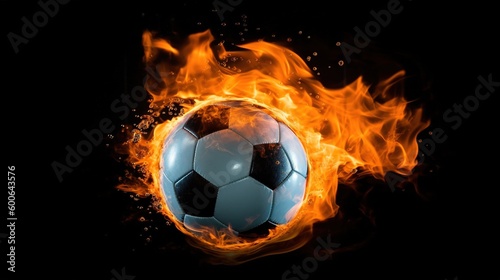  a soccer ball in the middle of a fire filled field.  generative ai