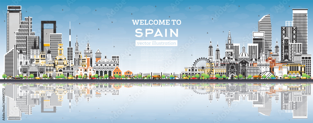 Welcome to Spain. City Skyline with Gray Buildings, Blue Sky and Reflections. Historic Architecture. Spain Cityscape with Landmarks.