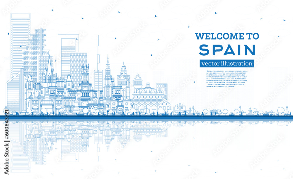Welcome to Spain. Outline City Skyline with Blue Buildings and Reflections. Historic Architecture. Spain Cityscape with Landmarks.