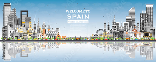 Welcome to Spain. City Skyline with Gray Buildings, Blue Sky and Reflections. Historic Architecture. Spain Cityscape with Landmarks.