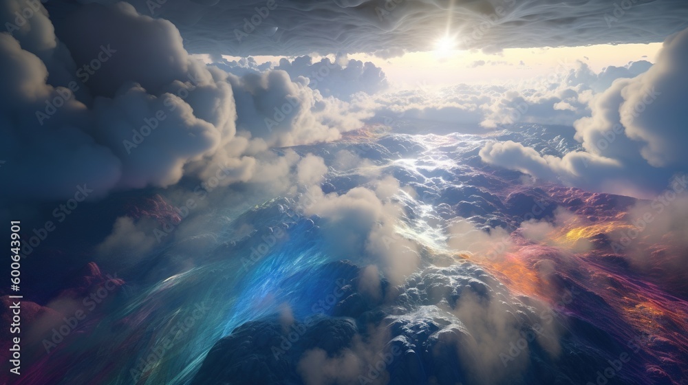  a view of a rainbow colored sky from a plane window.  generative ai
