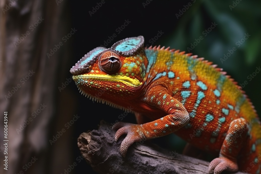  a colorful chamelon is sitting on a tree branch.  generative ai