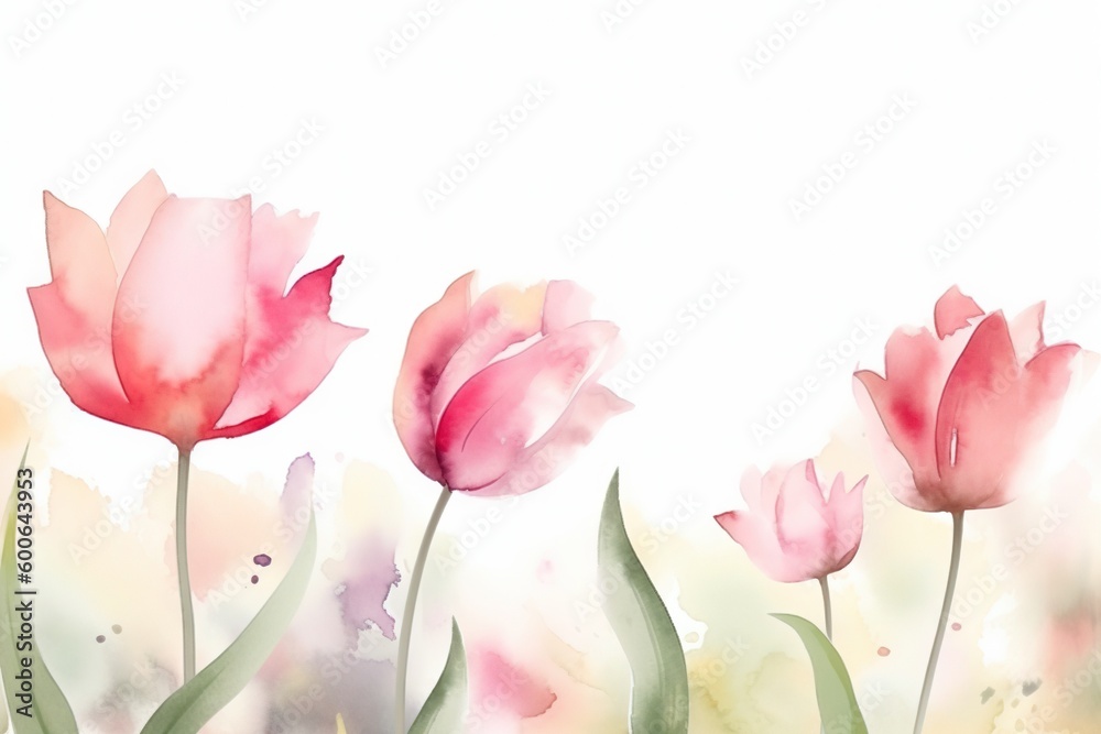  a painting of three pink flowers on a white background with watercolor splashes.  generative ai