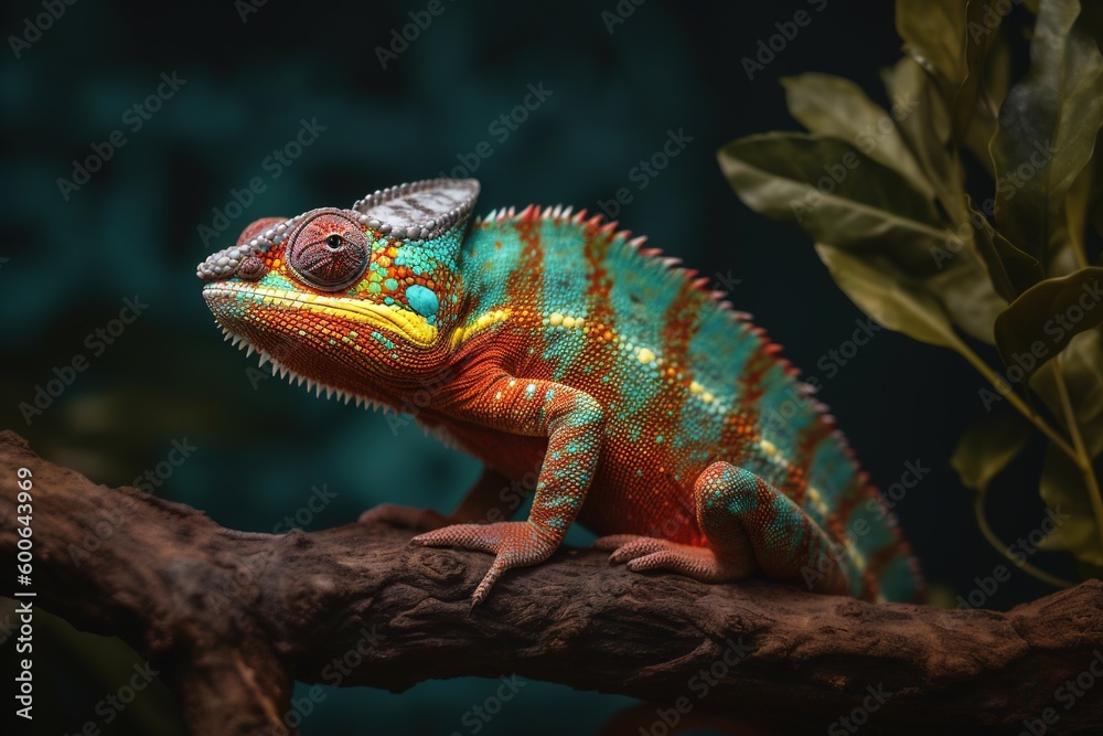 a colorful chamelon sitting on a branch in a dark room. generative ai a colorful chamelon sitting on a branch in a dark room. generative ai