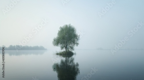  a lone tree in the middle of a lake on a foggy day. generative ai