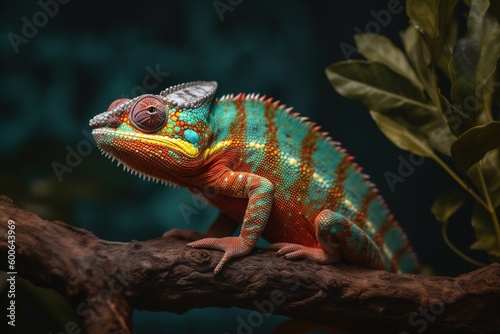  a colorful chamelon sitting on a branch in a dark room.  generative ai