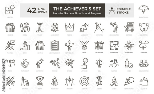 The achiever's set. Icons for success, growth and progress. 42 editable thin line stroke icons. Graphic elements for your business