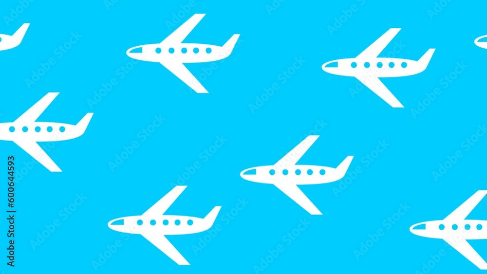 Animated many white airplanes flying in the sky from right to left. Symbol of plane. Concept of travel. Looped video. Flat vector illustration on blue sky background. Animated many white airplanes flying in the sky from right to left. Symbol of plane. Concept of travel. Looped video. Flat vector illustration on blue sky background.