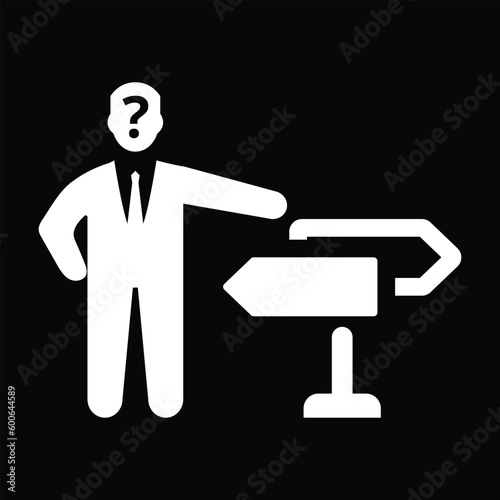 A person standing on a signpost having questions in head representing confused man