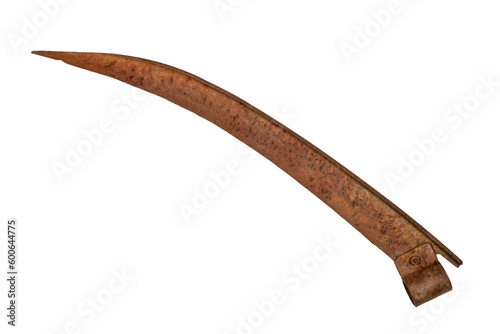 The blade of an old rusty scythe on a white background. The blade of an antique scythe close-up.