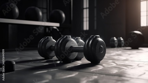  a row of dumbbells sitting on a tiled floor. generative ai