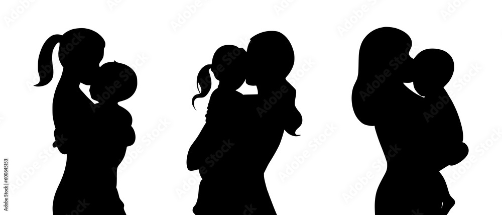 A mother and child hugging silhouette black filled vector Illustration icon