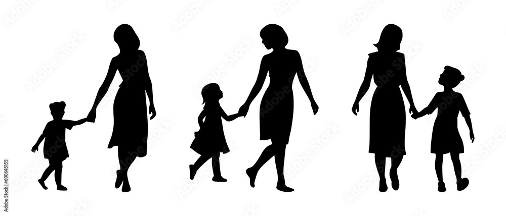 Fototapeta premium A mother and child holding hands walking together silhouette black filled vector Illustration icon