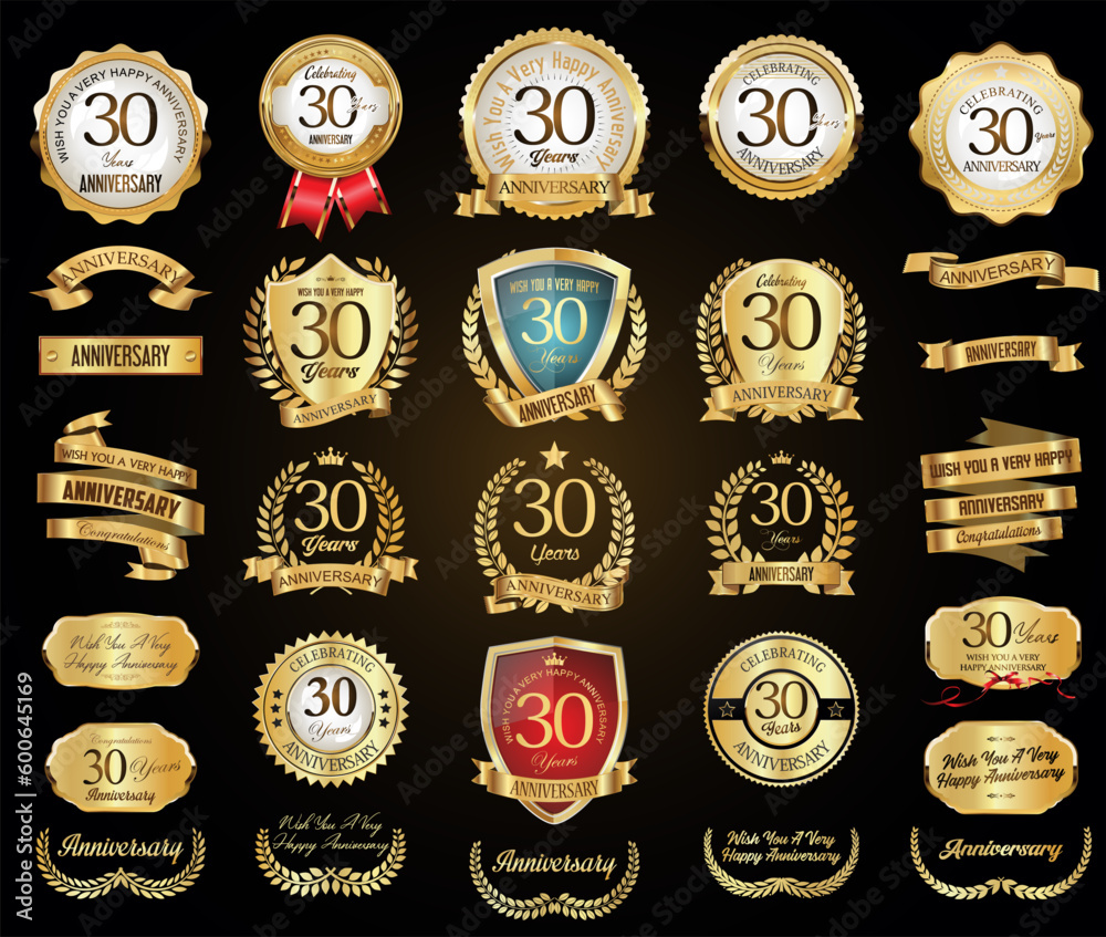 Collection of  Anniversary gold laurel wreath badges and labels vector illustration - obrazy, fototapety, plakaty 