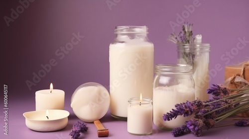  a table topped with candles and jars filled with lavenders.  generative ai