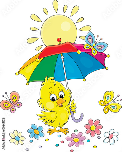 Funny baby chick with a striped umbrella and merrily flittering butterflies among colorful flowers on a sunny summer day, vector cartoon illustration isolated on a white background