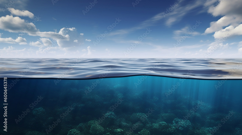 waterline half sky and underwater - obrazy, fototapety, plakaty 