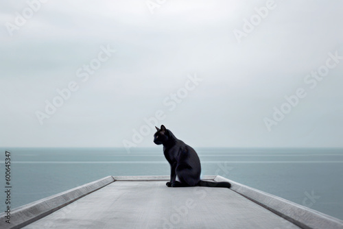 A black cat looking at the foggy sea from the embankment, Generative AI