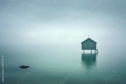 A house in a quiet misty lake, Generative AI