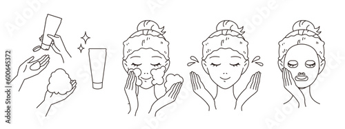 洗顔・スキンケアをしている女性/洗顔料の使用方法のベクターイラスト素材 Vector illustration of a woman washing her face and taking care of her skin / Vector illustration of a woman using a facial cleanser.