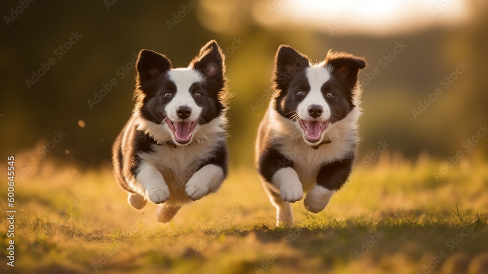 Two energetic Border Collies leap and bound through a field