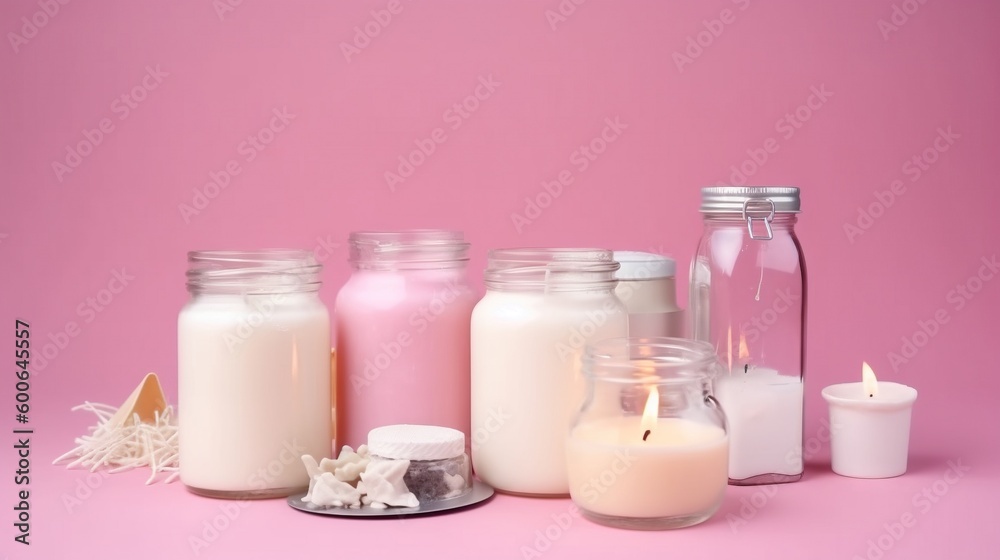 a pink background with candles, jars, and a candle holder. generative ai a pink background with candles, jars, and a candle holder. generative ai