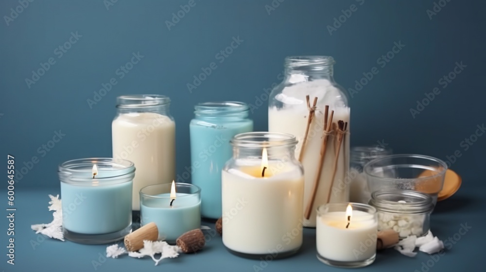 a group of candles and jars with some candles in them. generative ai a group of candles and jars with some candles in them. generative ai