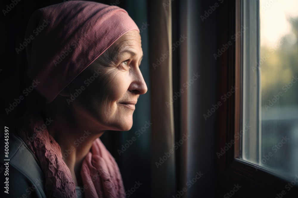 Mature woman with pink headscarf look out the window. Generative AI. Mature woman with pink headscarf look out the window. Generative AI.
