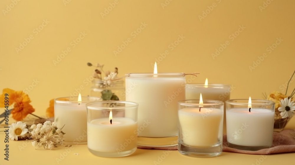 a group of white candles sitting on top of a table. generative ai a group of white candles sitting on top of a table. generative ai