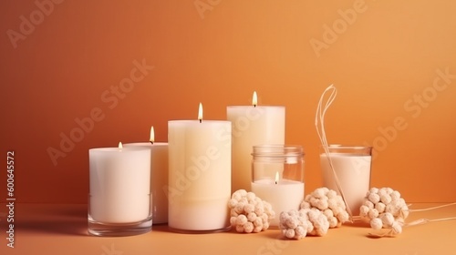  a group of candles sitting next to each other on a table. generative ai