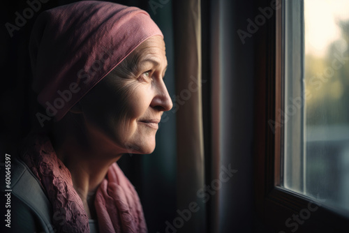 Mature woman with pink headscarf look out the window. Generative AI. photo