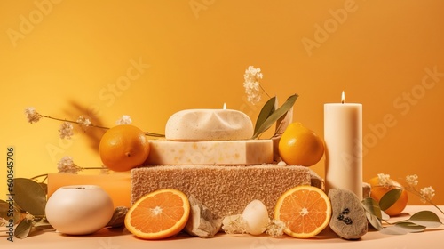  a table topped with oranges and a cake next to a candle. generative ai