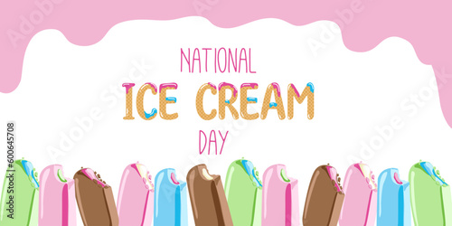 Happy National Ice Cream Day card. A waffle cone with various fruit ice cream scoops. Vector banner in flat cartoon style.