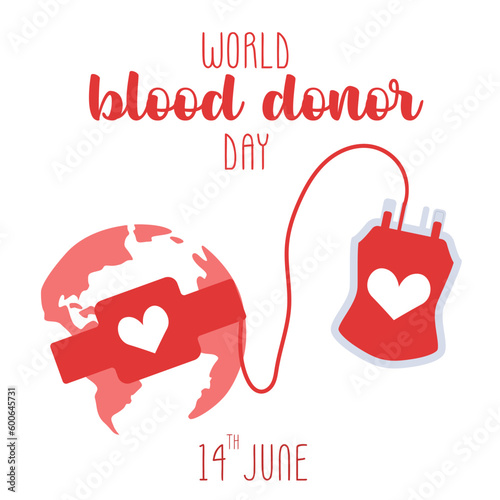 World blood donor day. Words and a bag with tubes and a label. Postcard, banner.Vector design. Color urasky, black