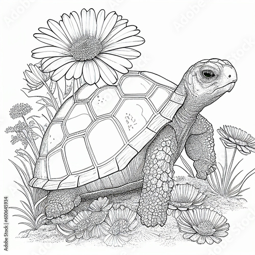 South American tortoise illustrated with black lines on white background for coloring. Generative AI.