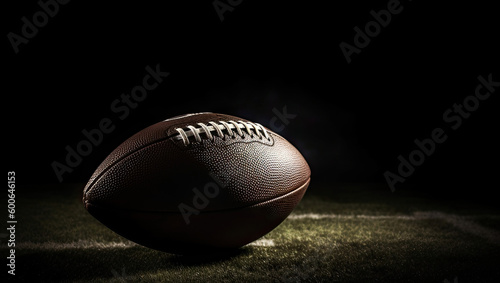 Close-up of amrican football ball on the field in darkness, Generative AI