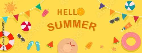 Happy summer web banner vector illustration with beach vibes decorate, colorful flags, ball, swim ring, hat, starfish, sandal, sunscreen, sunglasses, watermelon, ice cream, orang on yellow background.