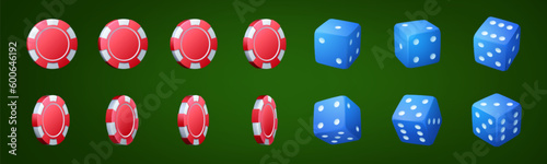 Realistic set of casino chips and dice isolated on green background. Vector illustration of red gaming tokens and blue cubes with game points turning around, animation spread sheet, ui design elements